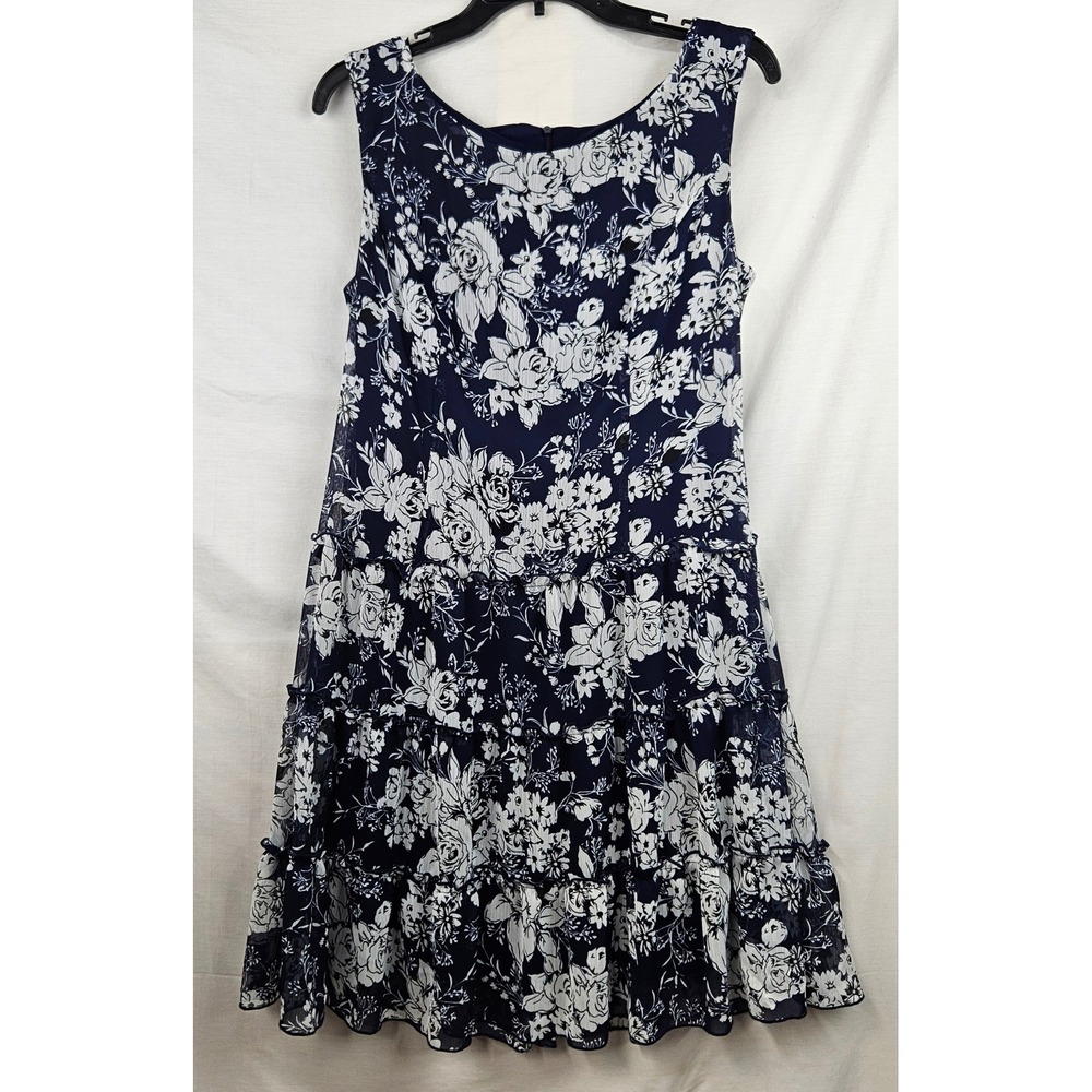 Connected‎ Apparel Navy White Floral Tiered Sleeveless Dress Size 8 Fairy